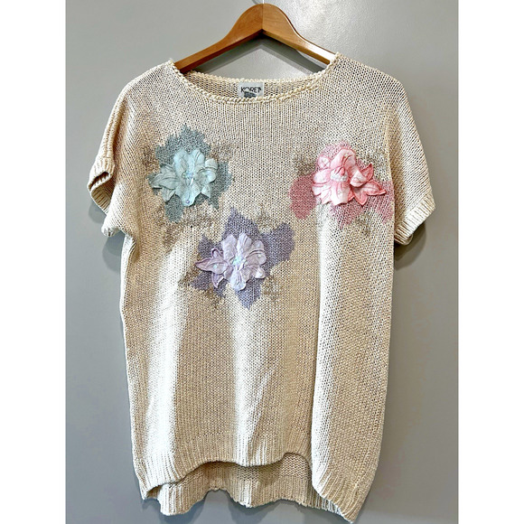 VTG 80s Koret Cream Floral Applique Iridescent Sequin Silk Blend Knit Sweater 2X - Picture 1 of 5